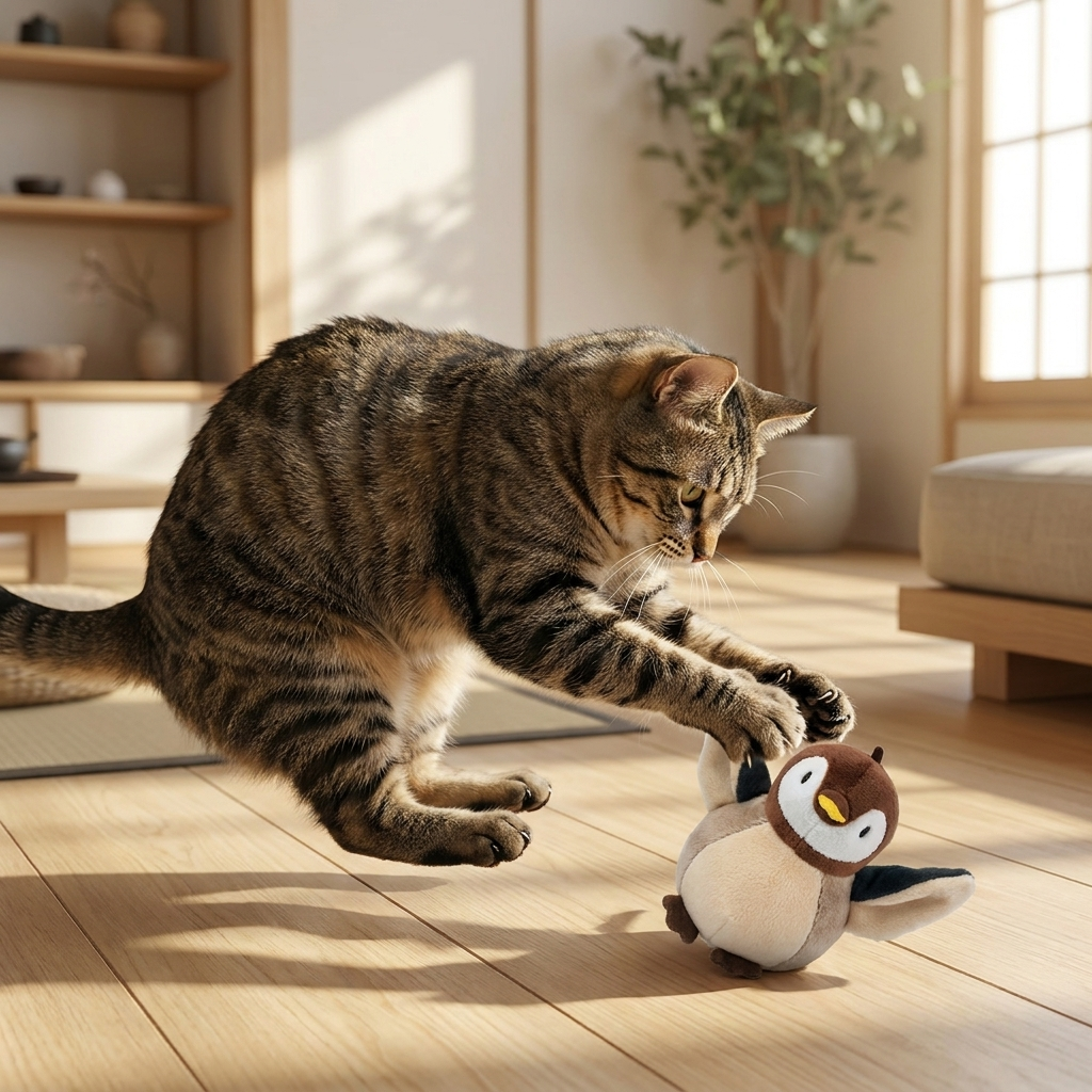 Tori Flutter — cat pouncing on the flapping bird toy