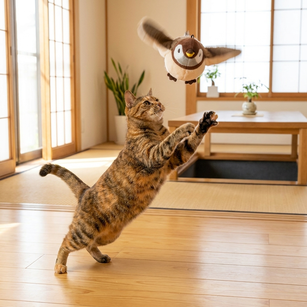 Tori Flutter — bird fluttering mid-air as cat leaps to catch it
